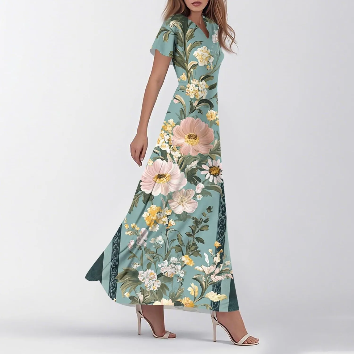 ZEFOTIM Long Dresses for Women 2025 Trendy Floral Dress Short Sleeve V Neck Dresses