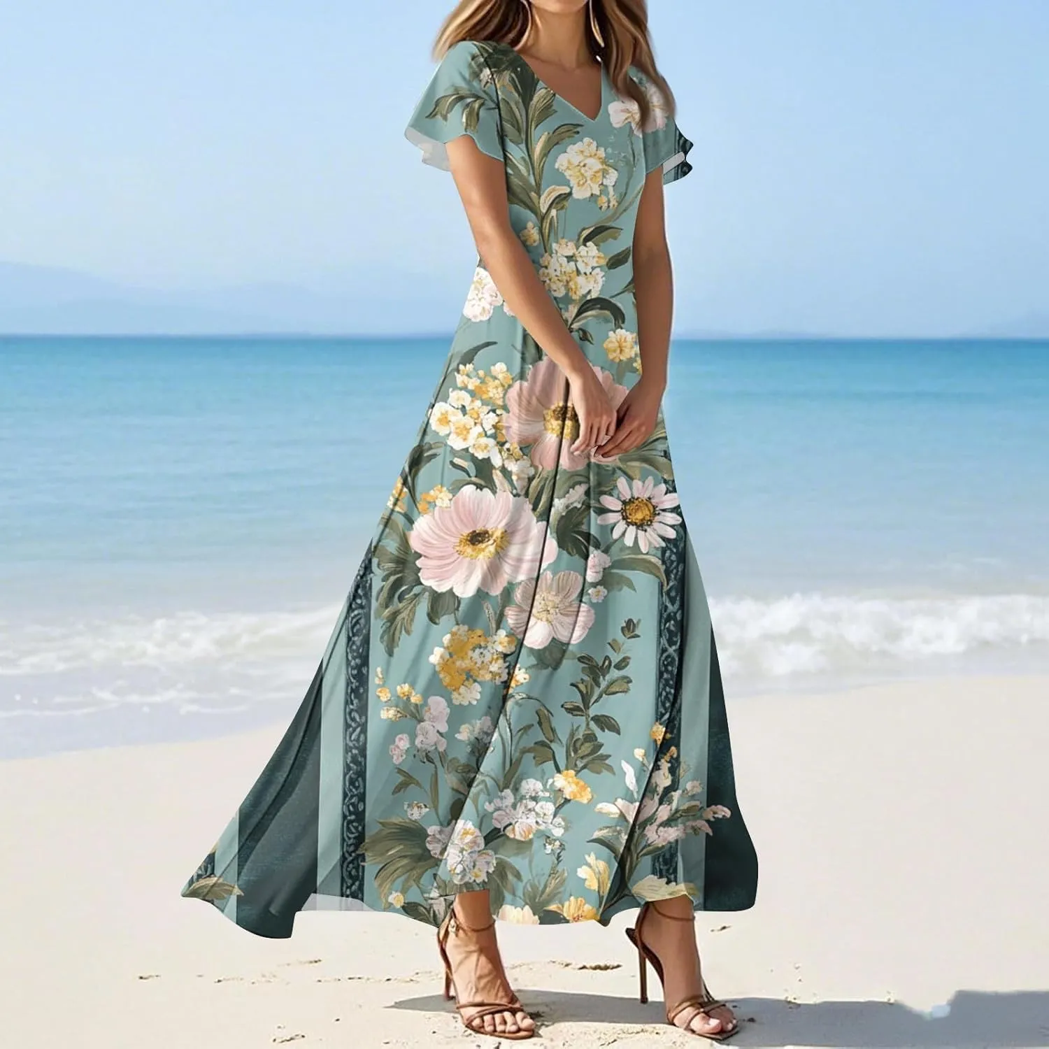 ZEFOTIM Long Dresses for Women 2025 Trendy Floral Dress Short Sleeve V Neck Dresses