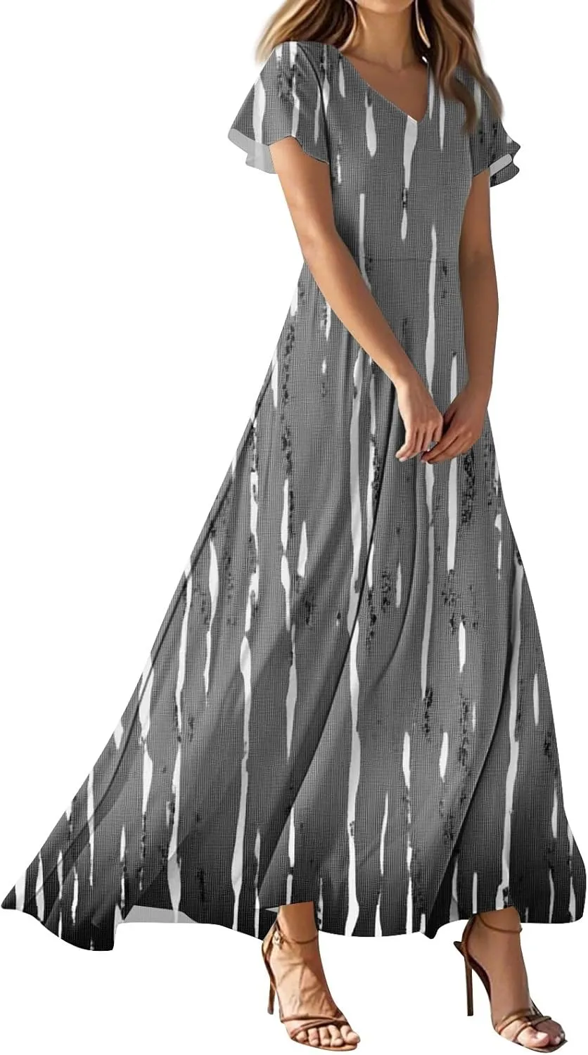 ZEFOTIM Long Dresses for Women 2025 Trendy Floral Dress Short Sleeve V Neck Dresses