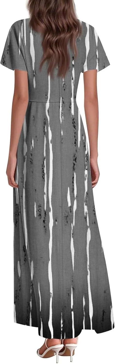 ZEFOTIM Long Dresses for Women 2025 Trendy Floral Dress Short Sleeve V Neck Dresses
