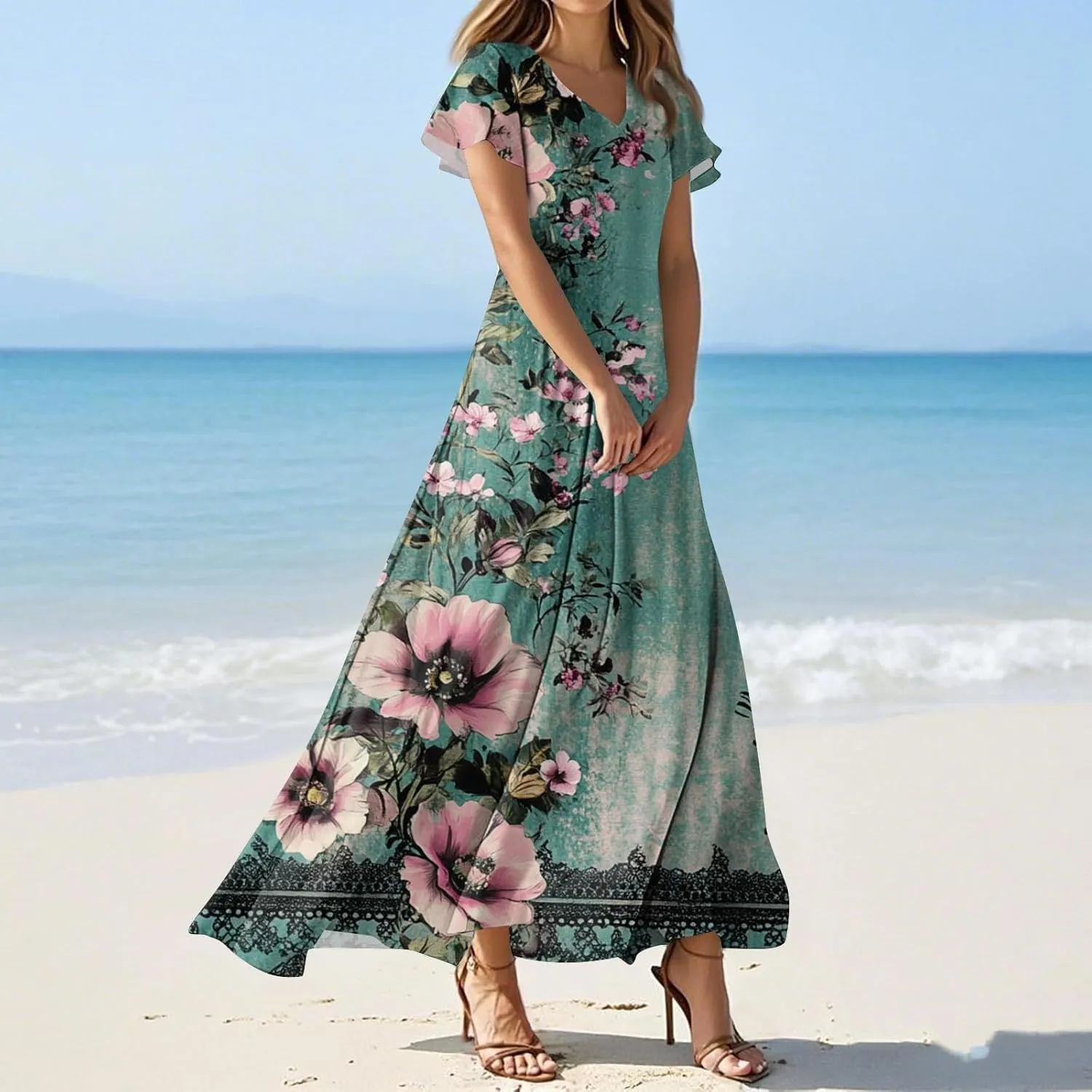 ZEFOTIM Long Dresses for Women 2025 Trendy Floral Dress Short Sleeve V Neck Dresses