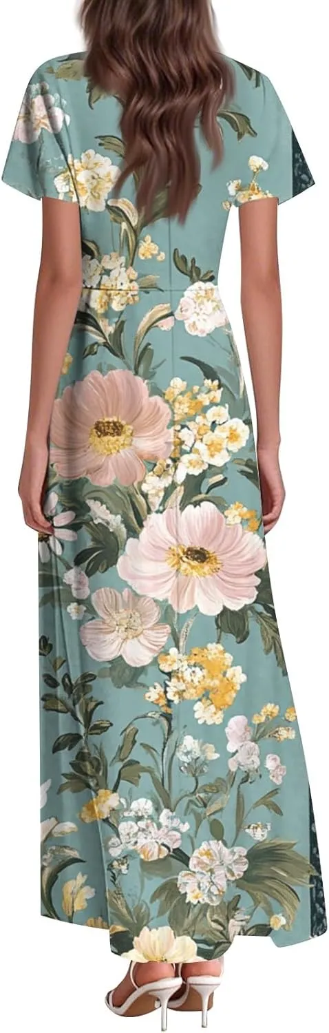 ZEFOTIM Long Dresses for Women 2025 Trendy Floral Dress Short Sleeve V Neck Dresses