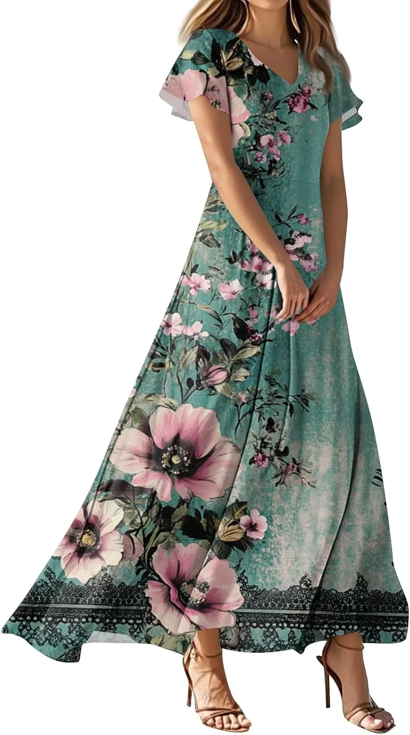 ZEFOTIM Long Dresses for Women 2025 Trendy Floral Dress Short Sleeve V Neck Dresses