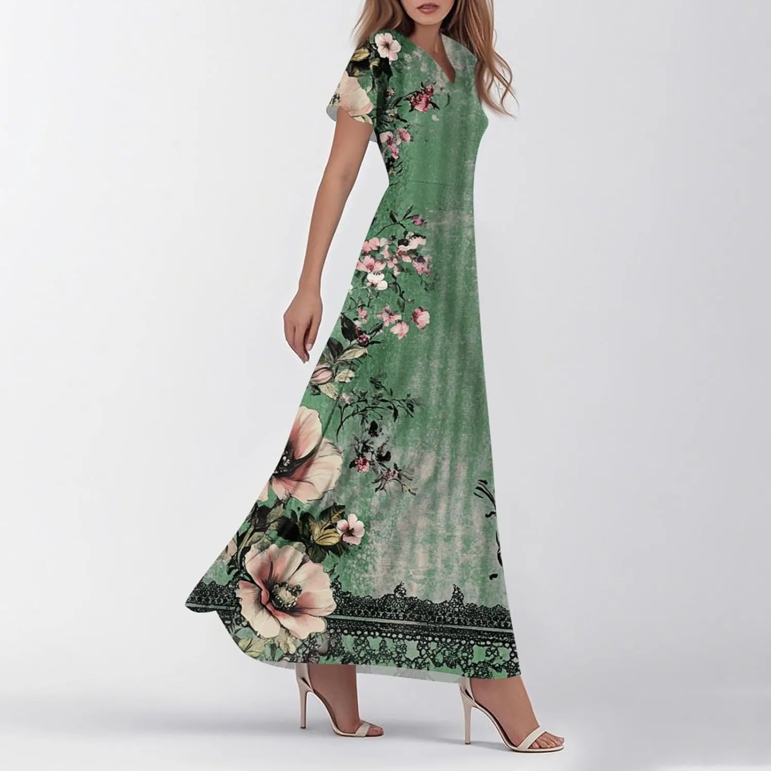 ZEFOTIM Long Dresses for Women 2025 Trendy Floral Dress Short Sleeve V Neck Dresses
