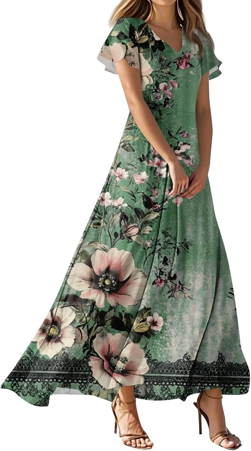 ZEFOTIM Long Dresses for Women 2025 Trendy Floral Dress Short Sleeve V Neck Dresses