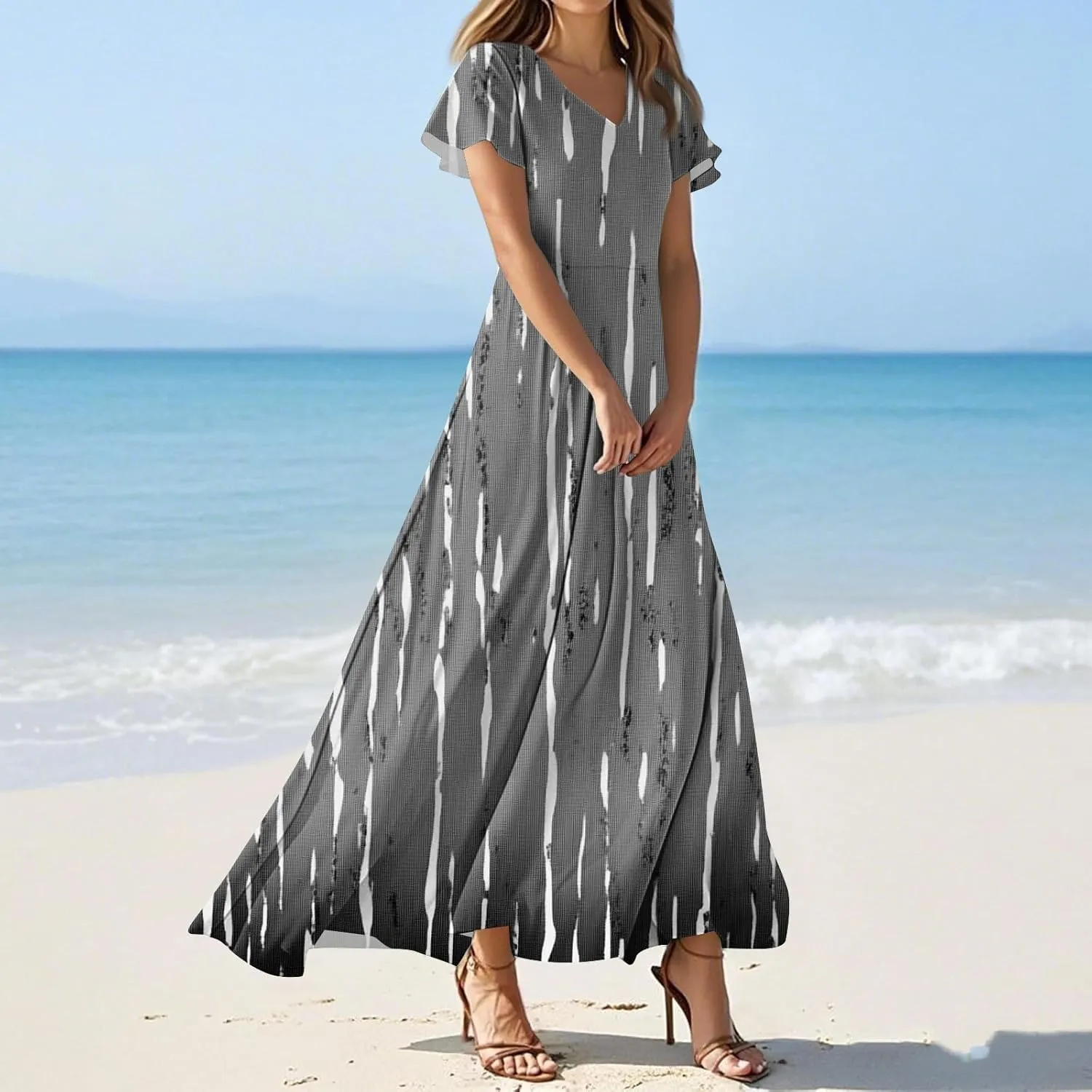 ZEFOTIM Long Dresses for Women 2025 Trendy Floral Dress Short Sleeve V Neck Dresses