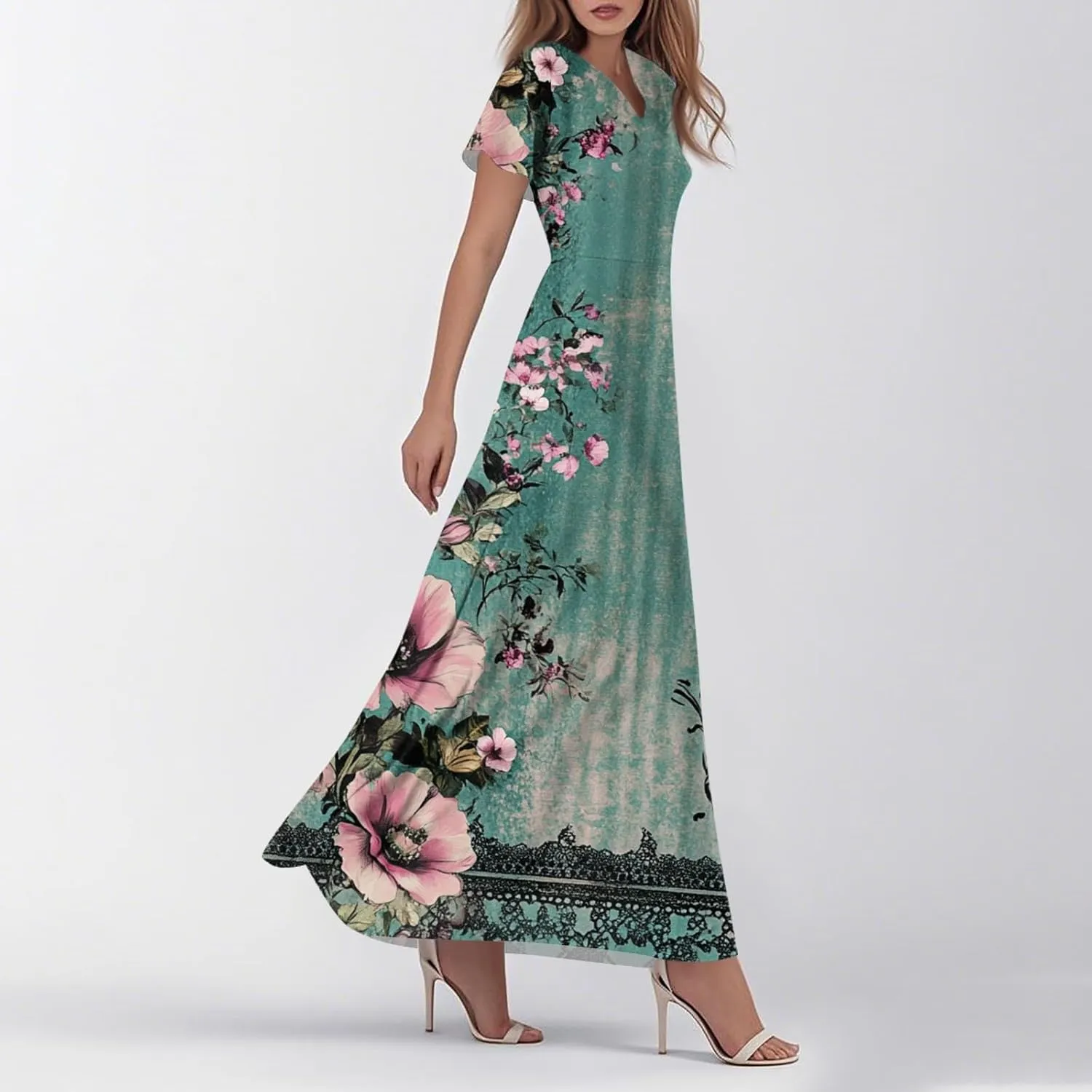 ZEFOTIM Long Dresses for Women 2025 Trendy Floral Dress Short Sleeve V Neck Dresses