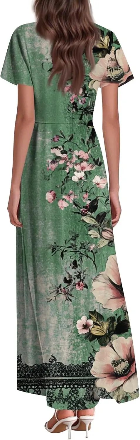 ZEFOTIM Long Dresses for Women 2025 Trendy Floral Dress Short Sleeve V Neck Dresses