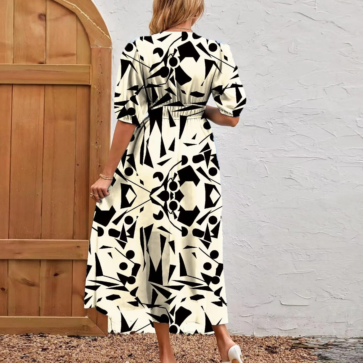 ZEFOTIM Long Dresses for Women 2025 Work Floral Dress Short Sleeve V Neck Dresses