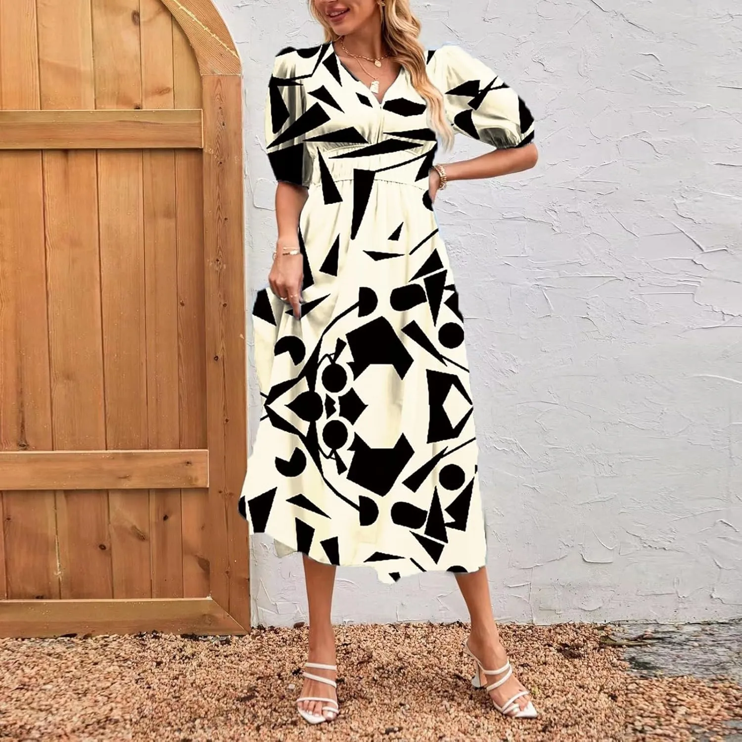 ZEFOTIM Long Dresses for Women 2025 Work Floral Dress Short Sleeve V Neck Dresses