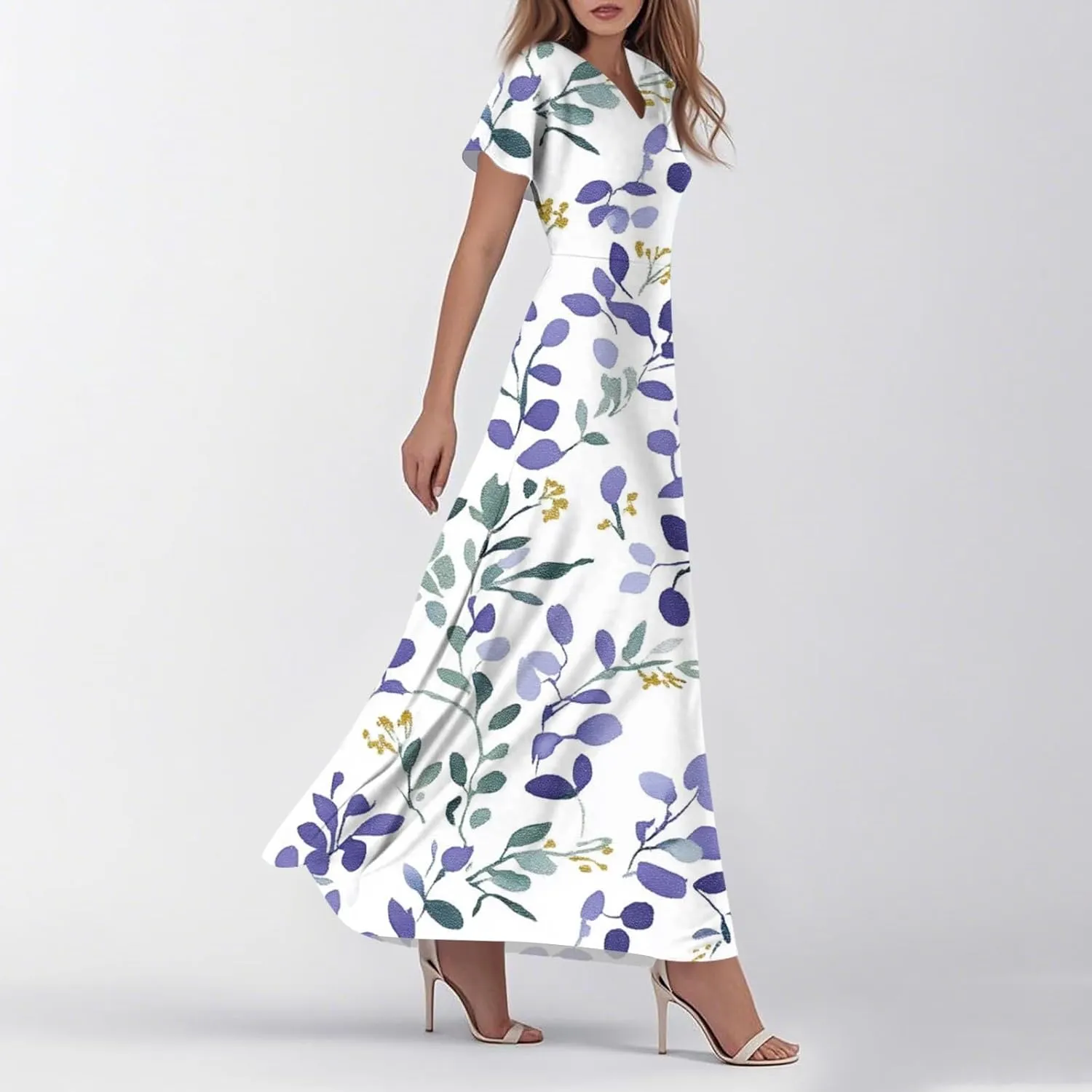 ZEFOTIM Long Dresses for Women Casual Boho Floral Dress Short Sleeve V Neck Dresses