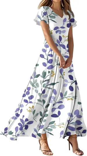ZEFOTIM Long Dresses for Women Casual Boho Floral Dress Short Sleeve V Neck Dresses