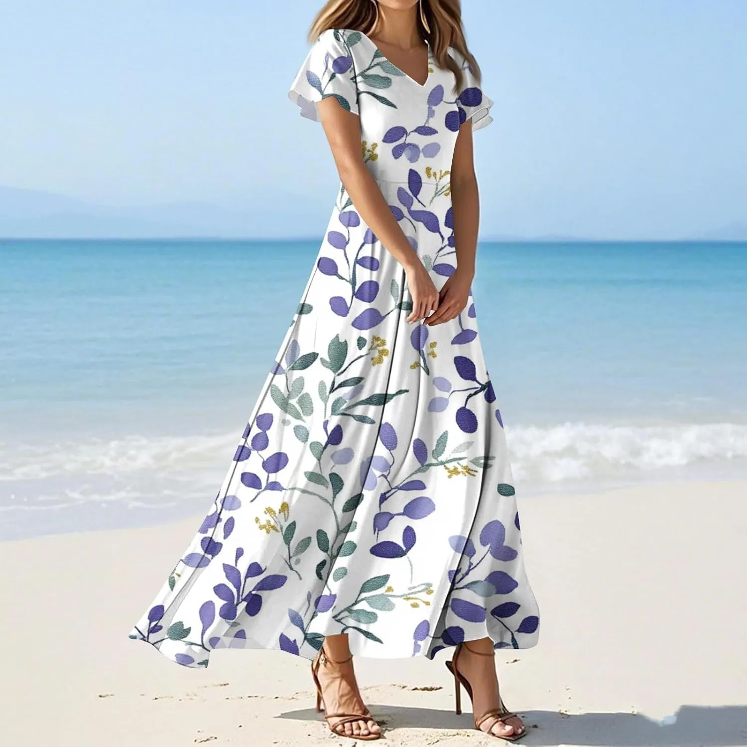 ZEFOTIM Long Dresses for Women Casual Boho Floral Dress Short Sleeve V Neck Dresses