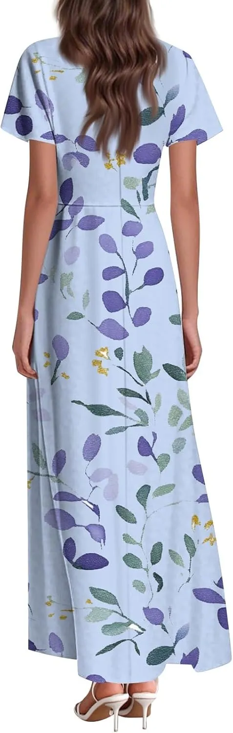 ZEFOTIM Long Dresses for Women Casual Boho Floral Dress Short Sleeve V Neck Dresses