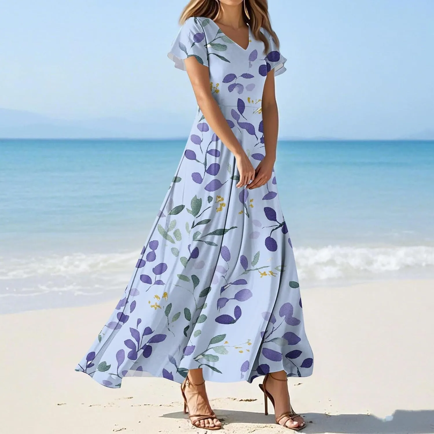 ZEFOTIM Long Dresses for Women Casual Boho Floral Dress Short Sleeve V Neck Dresses