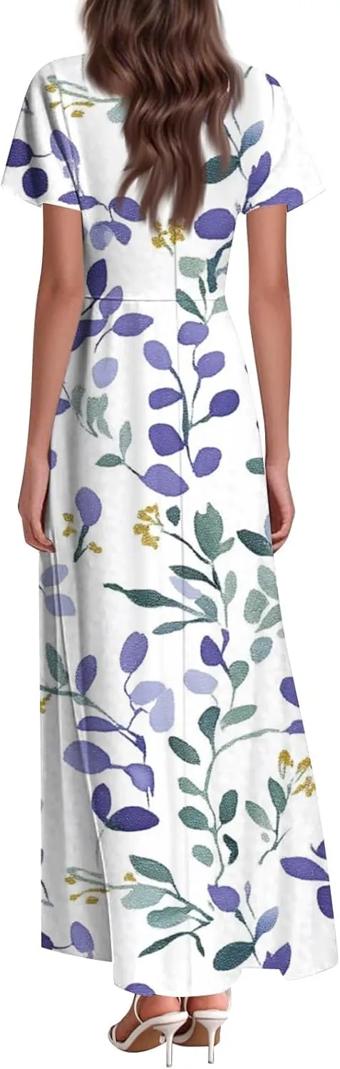 ZEFOTIM Long Dresses for Women Casual Boho Floral Dress Short Sleeve V Neck Dresses