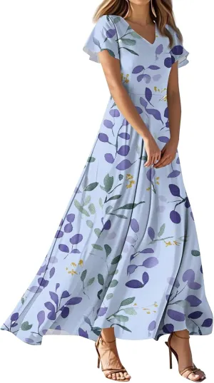 ZEFOTIM Long Dresses for Women Casual Boho Floral Dress Short Sleeve V Neck Dresses