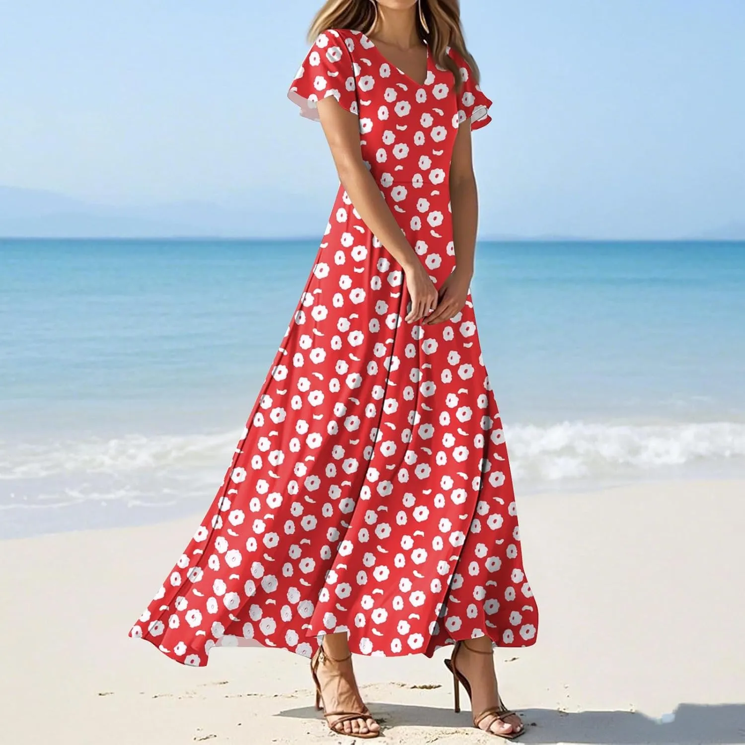ZEFOTIM Long Dresses for Women Casual Flowy Floral Dress Short Sleeve V Neck Dresses