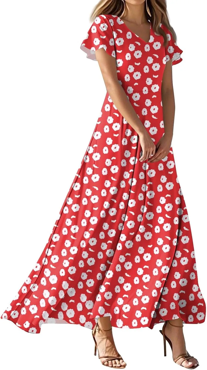 ZEFOTIM Long Dresses for Women Casual Flowy Floral Dress Short Sleeve V Neck Dresses