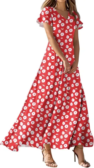 ZEFOTIM Long Dresses for Women Casual Flowy Floral Dress Short Sleeve V Neck Dresses