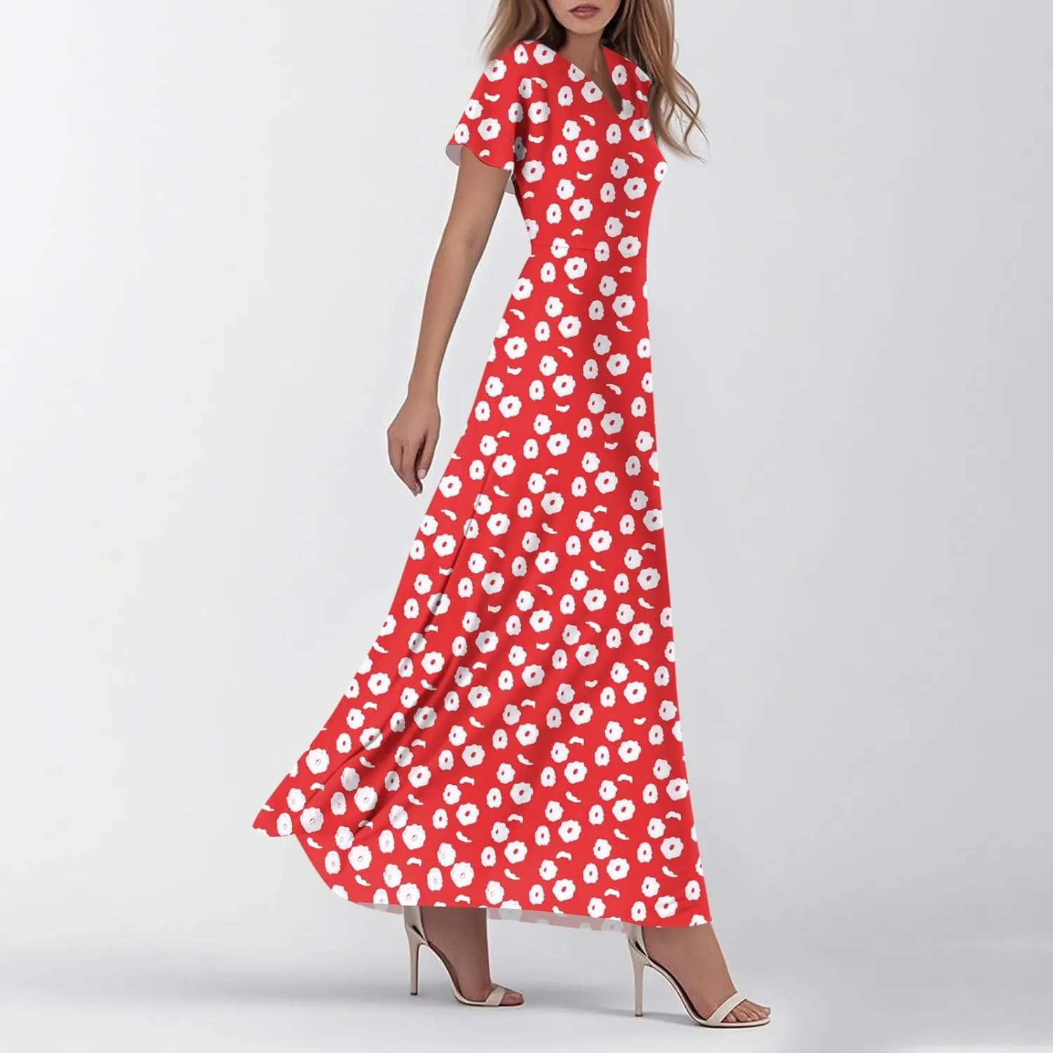 ZEFOTIM Long Dresses for Women Casual Flowy Floral Dress Short Sleeve V Neck Dresses