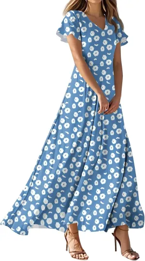 ZEFOTIM Long Dresses for Women Casual Flowy Floral Dress Short Sleeve V Neck Dresses