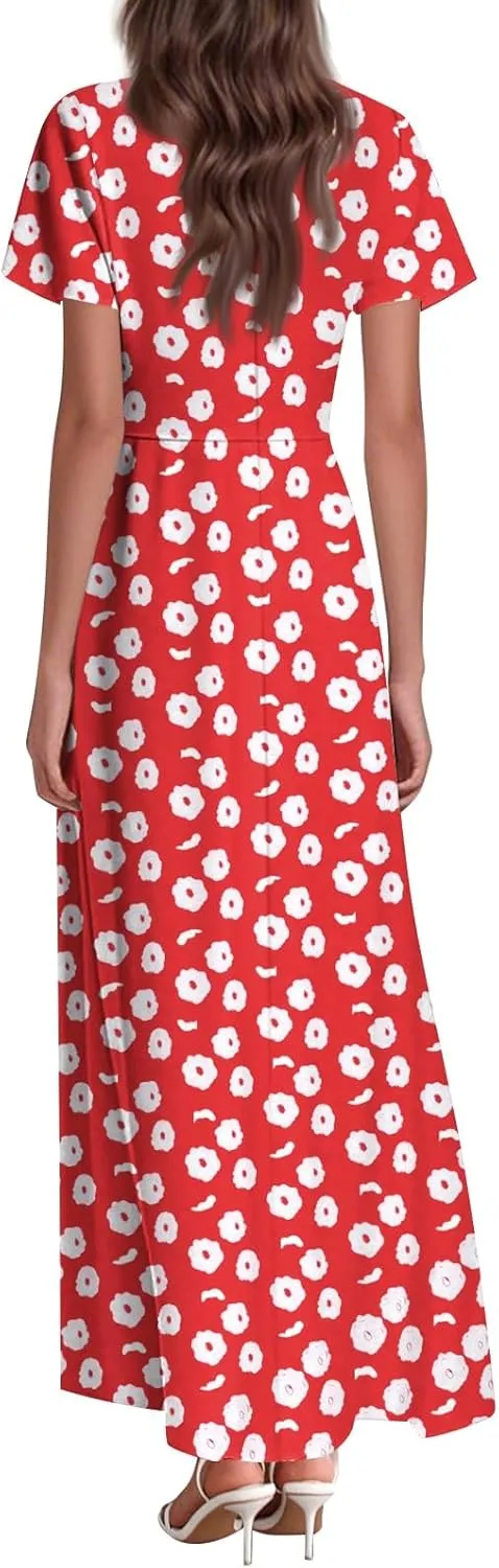 ZEFOTIM Long Dresses for Women Casual Flowy Floral Dress Short Sleeve V Neck Dresses