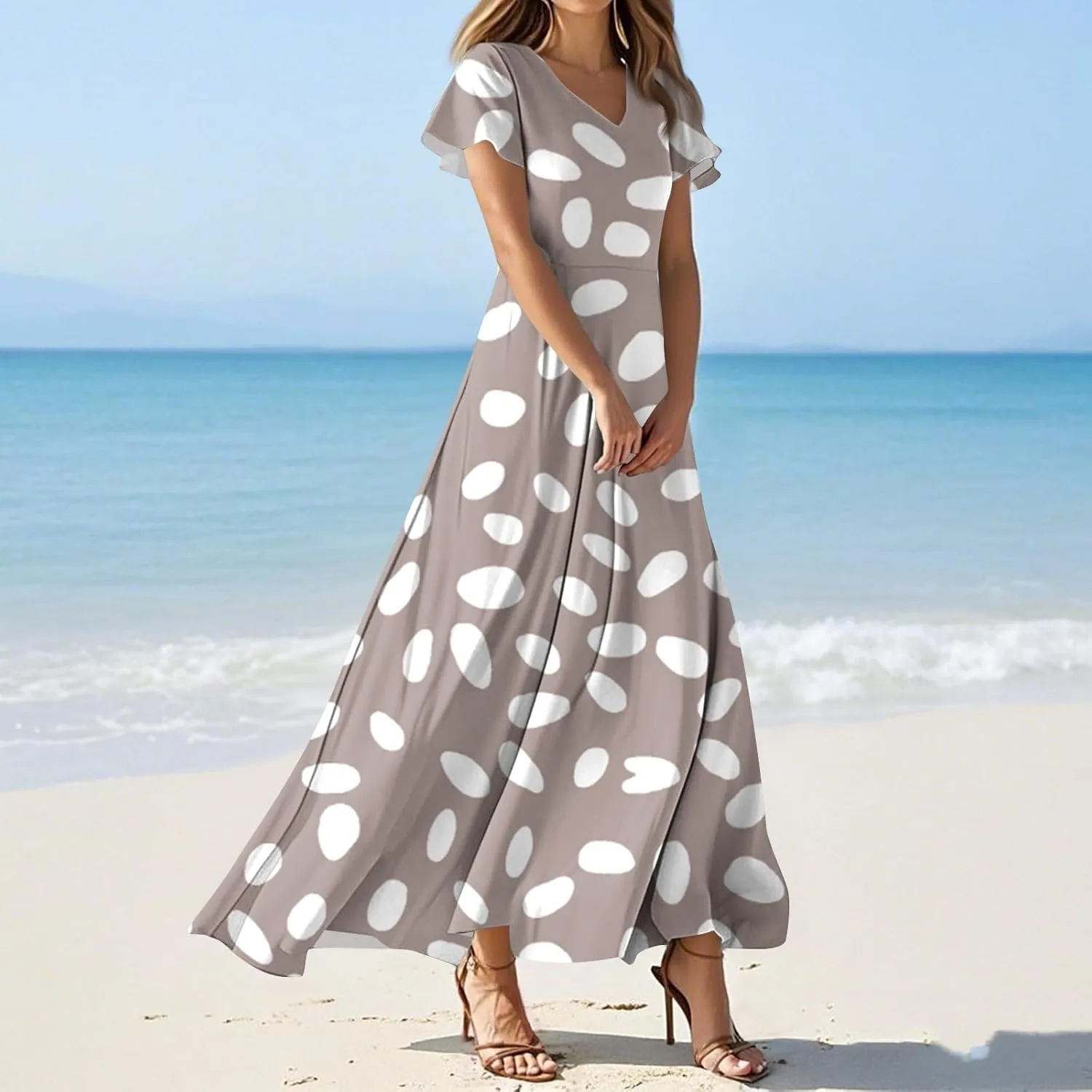 ZEFOTIM Long Flowy Dresses for Women Curvy Floral Dress Short Sleeve V Neck Dresses
