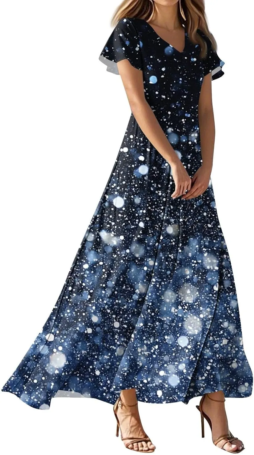 ZEFOTIM Long Maxi Dresses for Women Fashion Floral Dress Short Sleeve V Neck Dresses