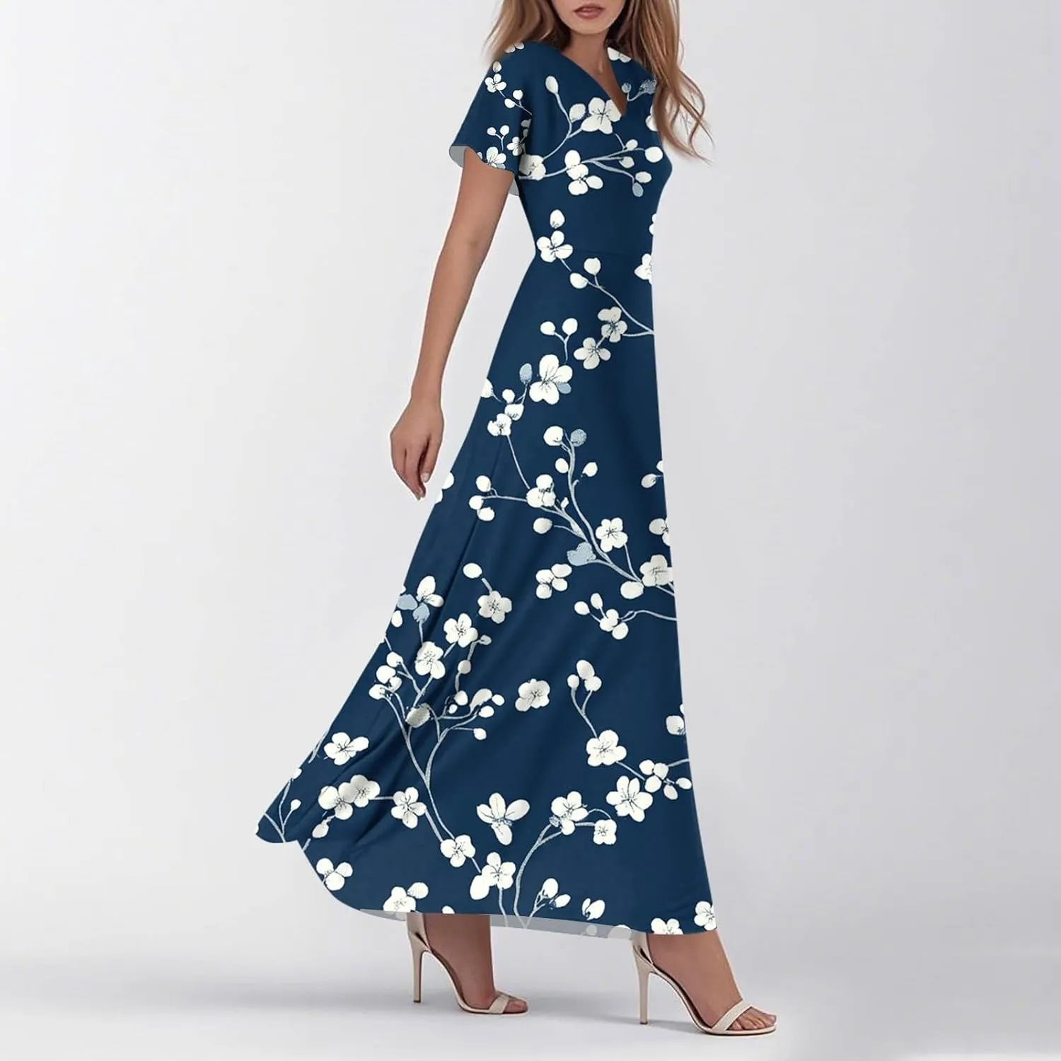 ZEFOTIM Long Maxi Dresses for Women Fashion Floral Dress Short Sleeve V Neck Dresses