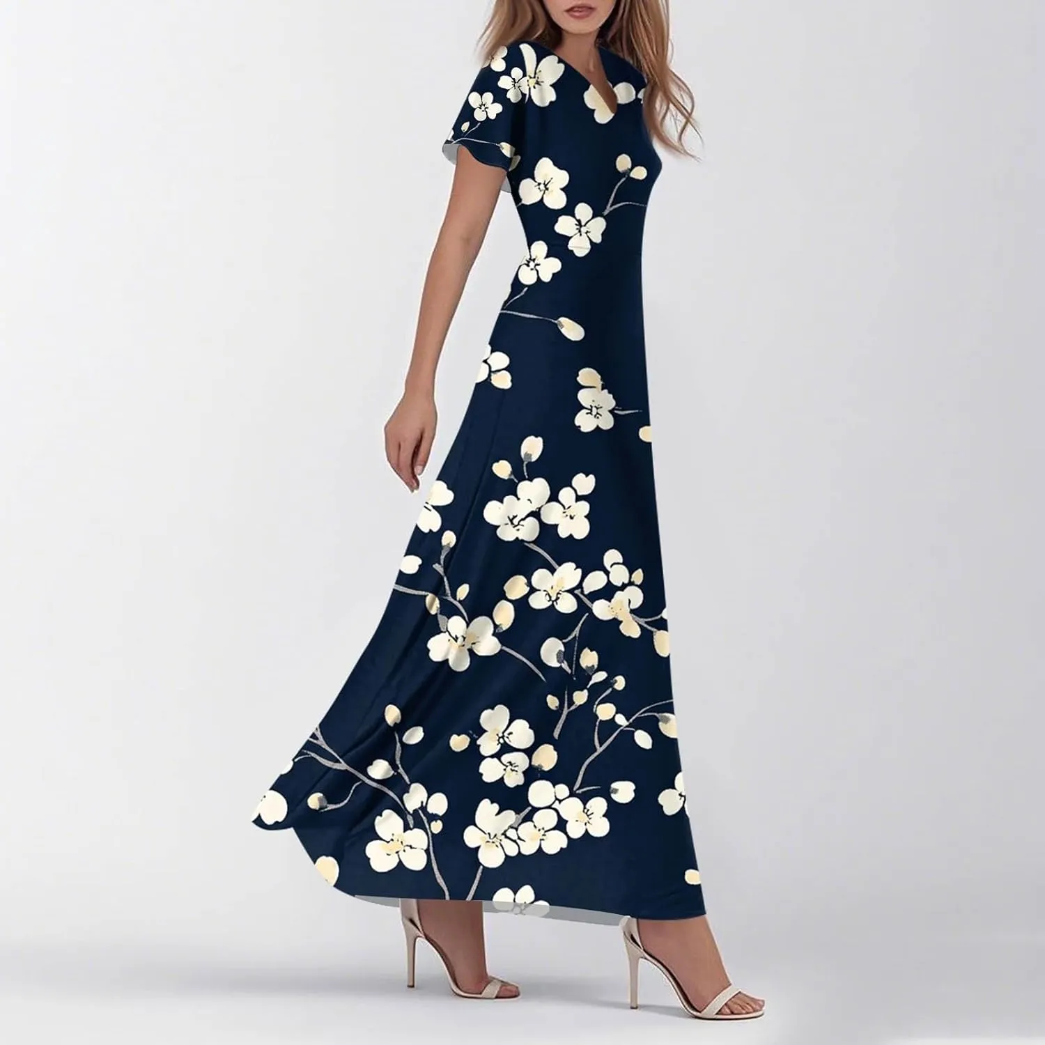 ZEFOTIM Long Maxi Dresses for Women Fashion Floral Dress Short Sleeve V Neck Dresses