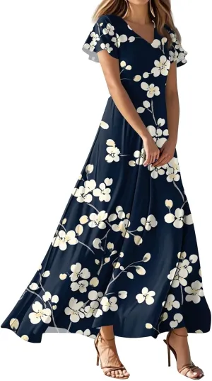 ZEFOTIM Long Maxi Dresses for Women Fashion Floral Dress Short Sleeve V Neck Dresses