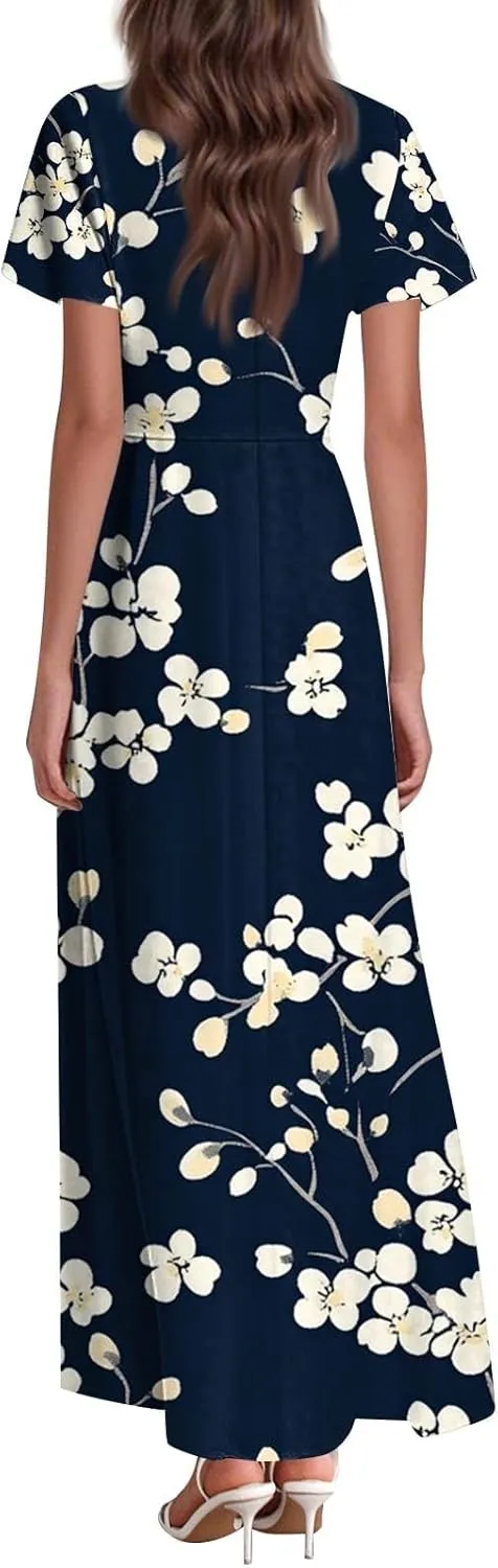 ZEFOTIM Long Maxi Dresses for Women Fashion Floral Dress Short Sleeve V Neck Dresses