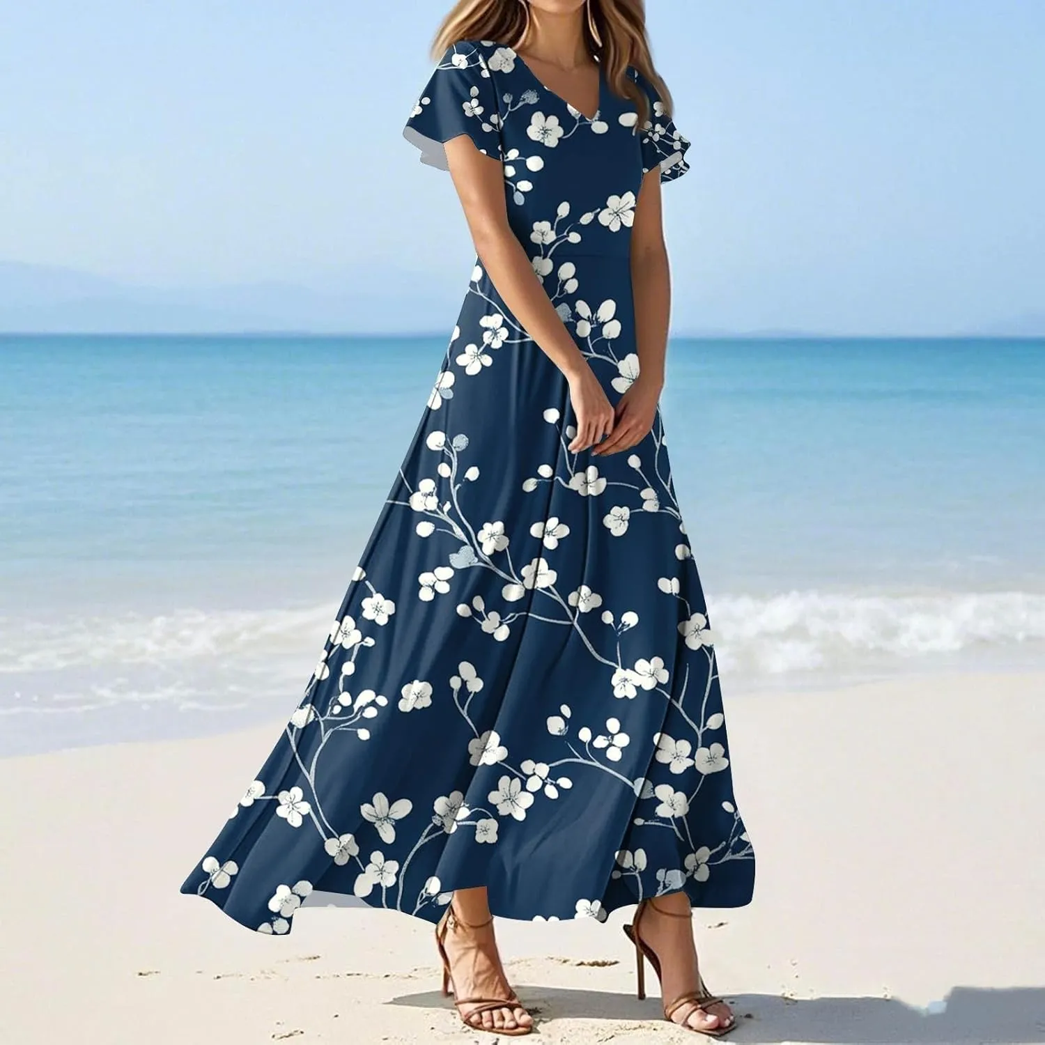 ZEFOTIM Long Maxi Dresses for Women Fashion Floral Dress Short Sleeve V Neck Dresses
