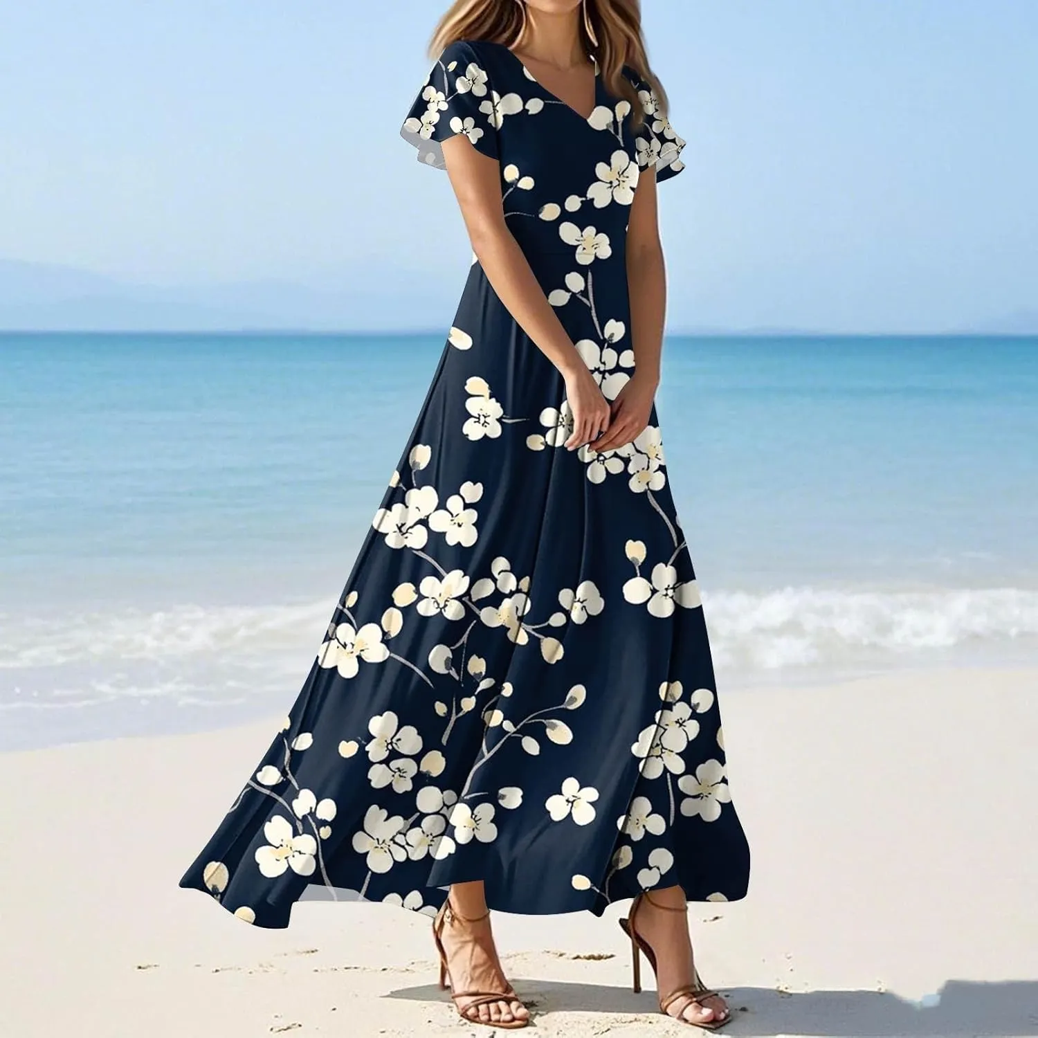 ZEFOTIM Long Maxi Dresses for Women Fashion Floral Dress Short Sleeve V Neck Dresses