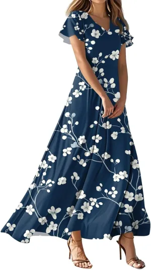 ZEFOTIM Long Maxi Dresses for Women Fashion Floral Dress Short Sleeve V Neck Dresses