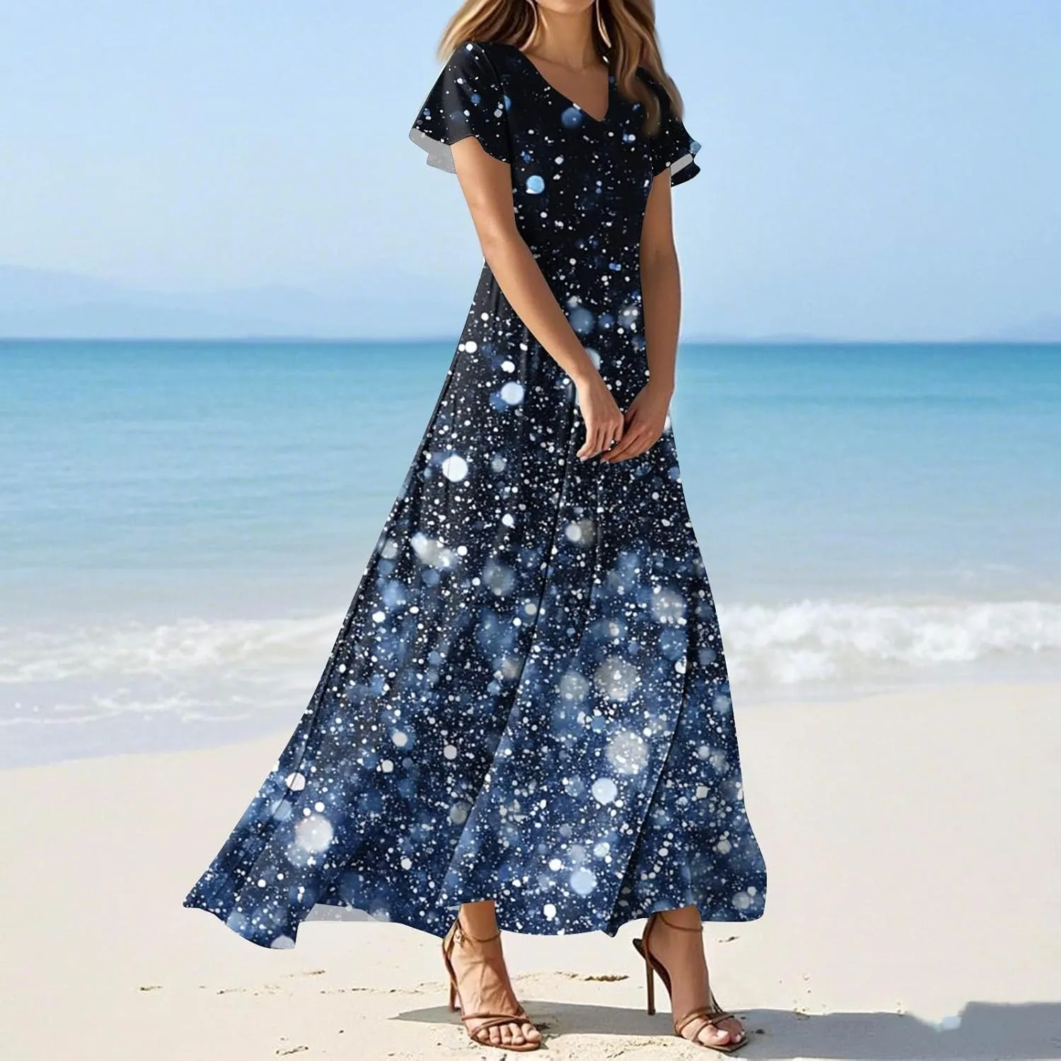 ZEFOTIM Long Maxi Dresses for Women Fashion Floral Dress Short Sleeve V Neck Dresses