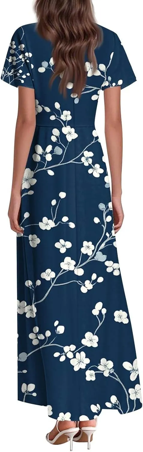 ZEFOTIM Long Maxi Dresses for Women Fashion Floral Dress Short Sleeve V Neck Dresses
