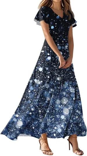ZEFOTIM Long Maxi Dresses for Women Fashion Floral Dress Short Sleeve V Neck Dresses