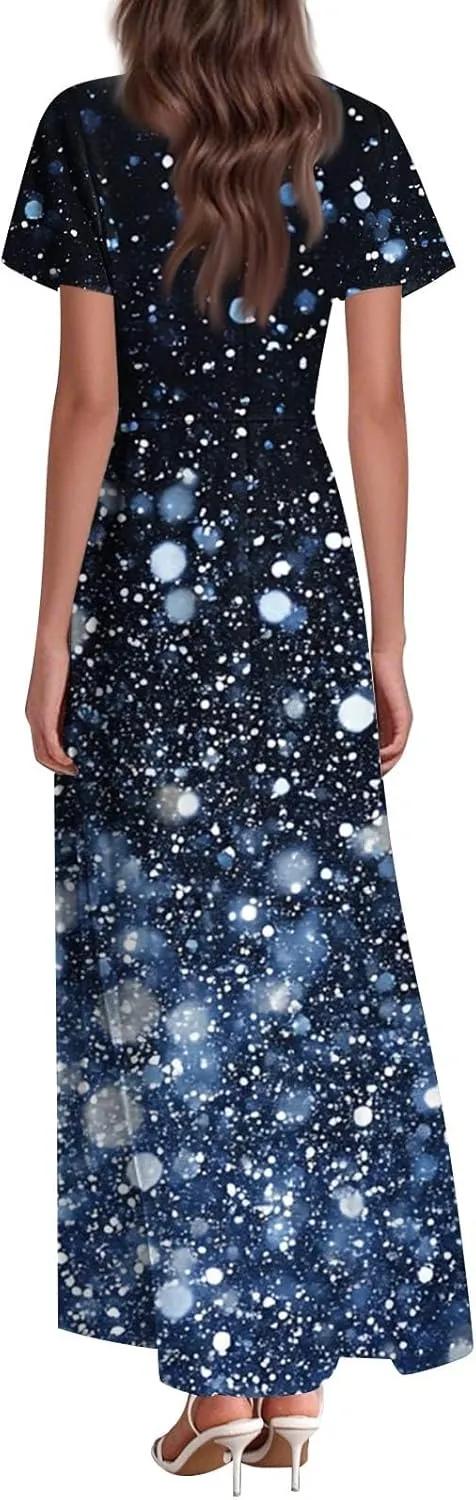 ZEFOTIM Long Maxi Dresses for Women Fashion Floral Dress Short Sleeve V Neck Dresses