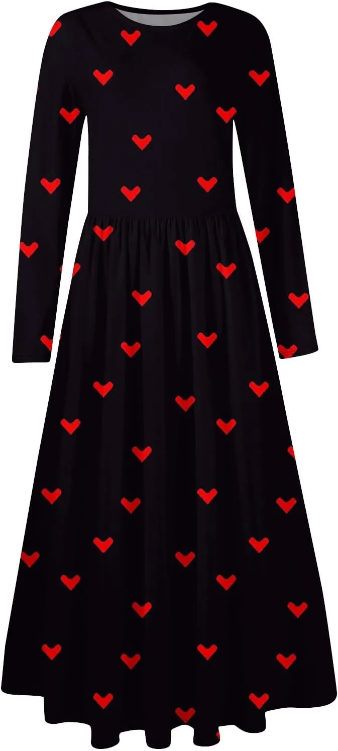 ZEFOTIM Long Sleeve Dress for Women Graphic Dresses with Pockets Long Dress Crewneck Dress Womens Spring Summer Dresses