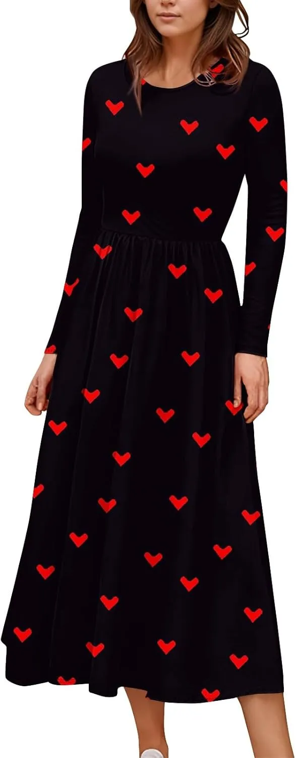 ZEFOTIM Long Sleeve Dress for Women Graphic Dresses with Pockets Long Dress Crewneck Dress Womens Spring Summer Dresses