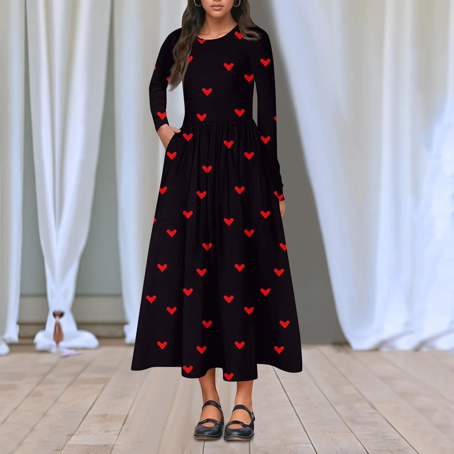 ZEFOTIM Long Sleeve Dress for Women Graphic Dresses with Pockets Long Dress Crewneck Dress Womens Spring Summer Dresses
