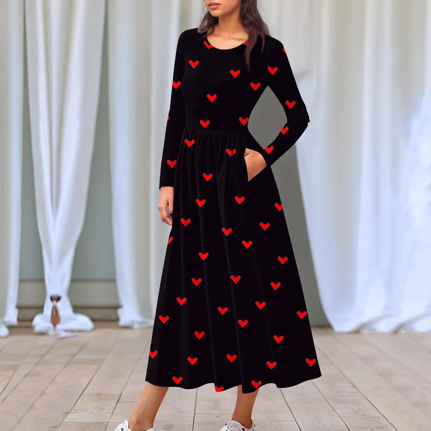 ZEFOTIM Long Sleeve Dress for Women Graphic Dresses with Pockets Long Dress Crewneck Dress Womens Spring Summer Dresses