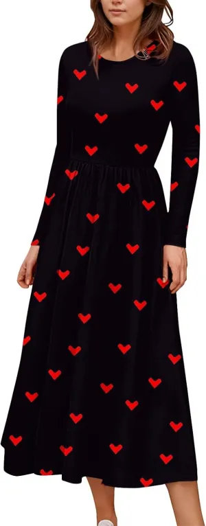 ZEFOTIM Long Sleeve Dress for Women Graphic Dresses with Pockets Long Dress Crewneck Dress Womens Spring Summer Dresses