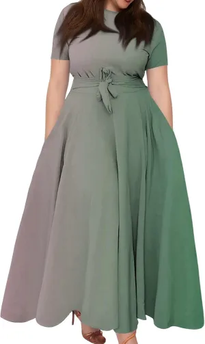 ZEFOTIM Maxi Dress for Women Plus Size Sexy Gradient/Stripe Dress Short Sleeve Crew Neck Dresses