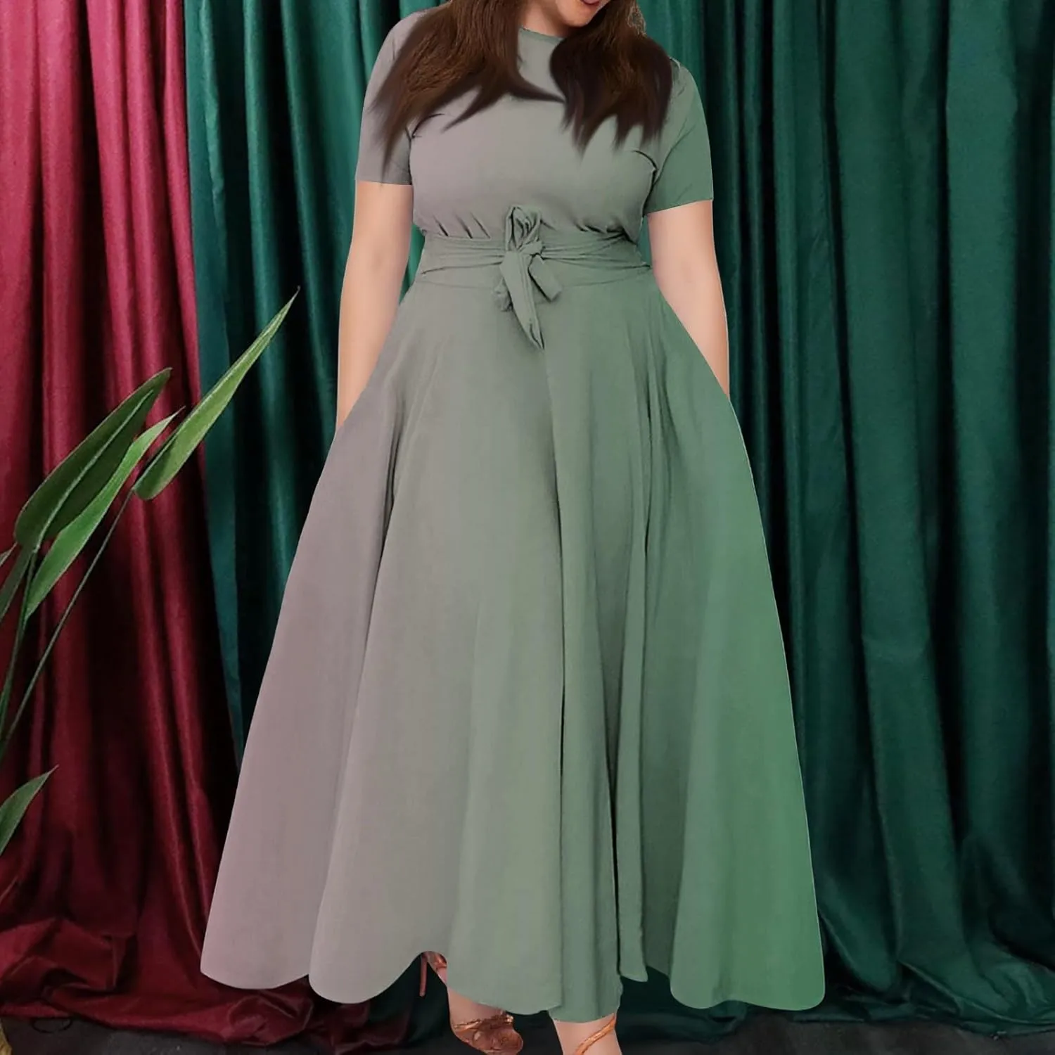 ZEFOTIM Maxi Dress for Women Plus Size Sexy Gradient/Stripe Dress Short Sleeve Crew Neck Dresses