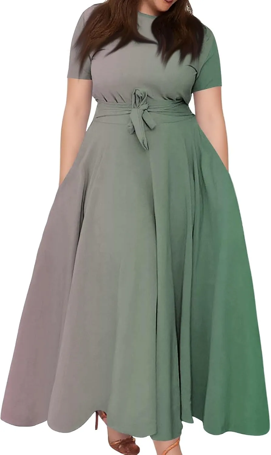 ZEFOTIM Maxi Dress for Women Plus Size Sexy Gradient/Stripe Dress Short Sleeve Crew Neck Dresses