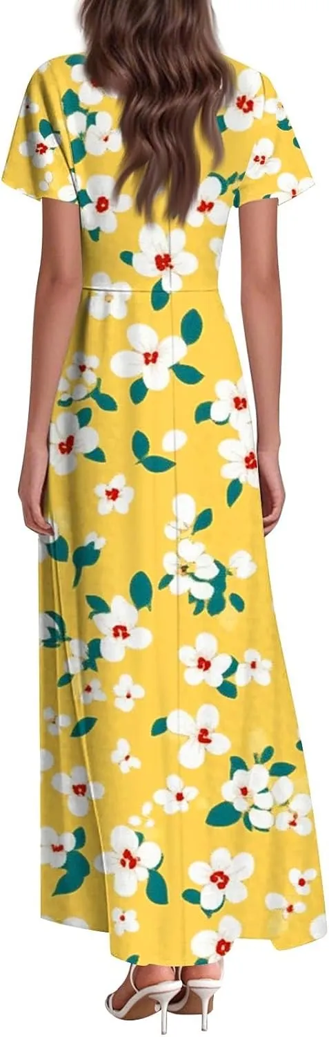 ZEFOTIM Maxi Dresses for Women 2025 Casual Floral Dress Short Sleeve V Neck Dresses