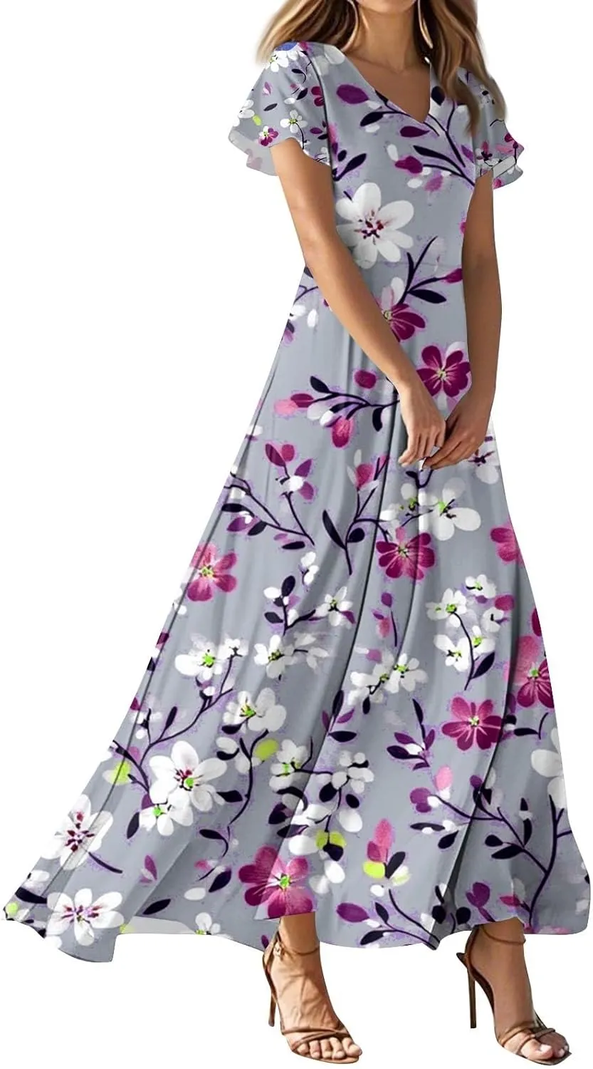 ZEFOTIM Maxi Dresses for Women 2025 Casual Floral Dress Short Sleeve V Neck Dresses